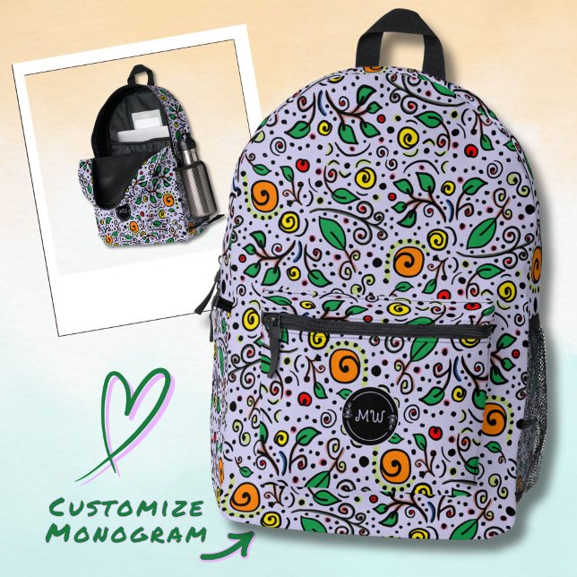 Monogram Flower Pattern orange Swirl Berry Lilac Bedruckter Rucksack (Von Creator hochgeladen)