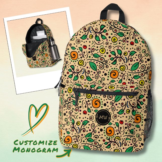 Monogram Flower Pattern orange Swirl Berry Orange  Bedruckter Rucksack (Von Creator hochgeladen)