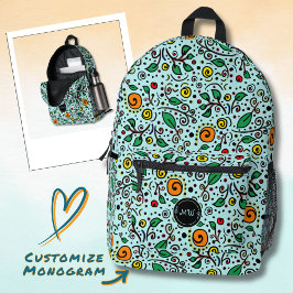Monogram Flower Pattern orangeSwirlBerry Turquoise Bedruckter Rucksack
