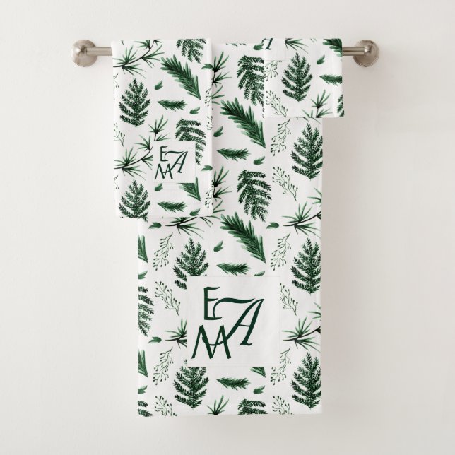 Monogram Forest Green Blätter Hochzeit Badhandtuch Set (Insitu)