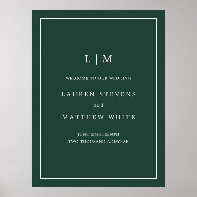 Monogram Forest Green Elegant Begrüßung Poster (Vorne)
