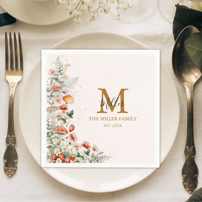 Monogram Forest Mushrooms Blume Floral botanisch Serviette (In situ)