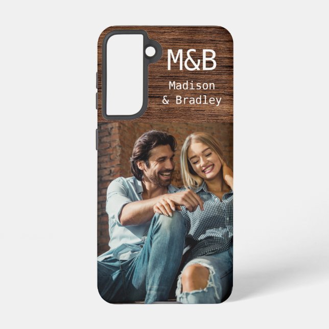 Monogram Foto Couple Wood Personalisiert Name Samsung Galaxy Hülle (Rückseite)