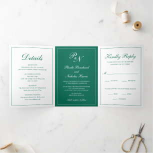 Monogram Foto Formal Emerald Green Wedding Dreifach Gefaltete Einladung