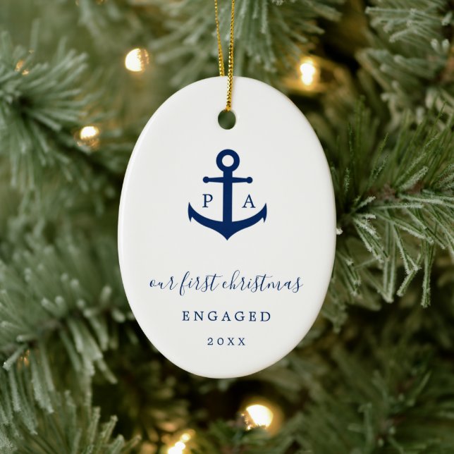 Monogram Foto Nautic First Christmas Verlobt Keramik Ornament (Baum)