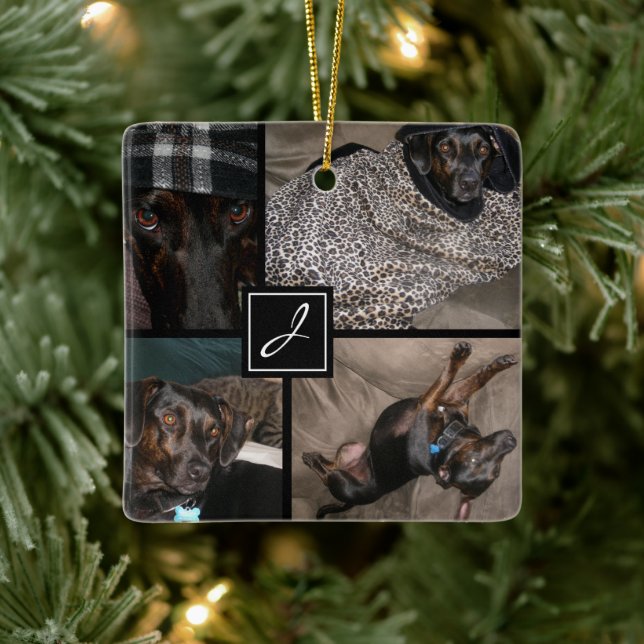 Monogram Foto Pet Black Keramikornament (Baum)