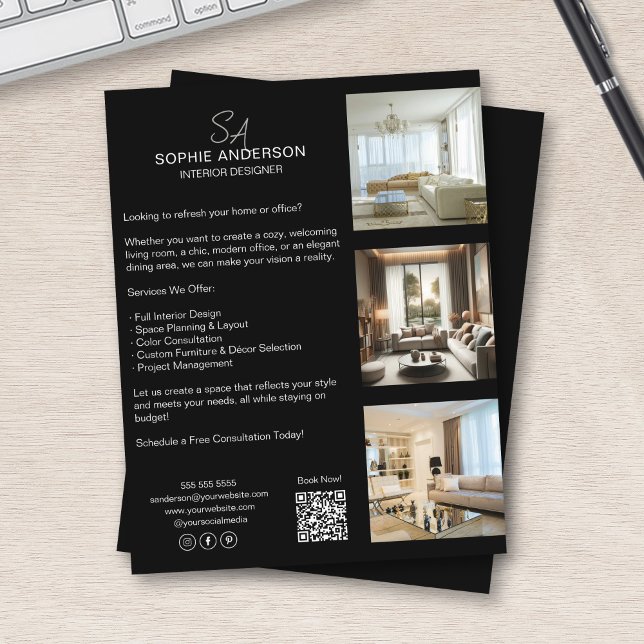 Monogram Foto QR Black Beruflich Business Flyer (Monogram Photo QR Black Professional Business Flyer)