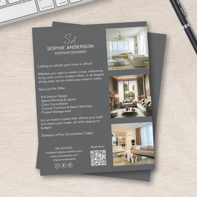 Monogram Foto QR Grau Beruflich Business Flyer (Monogram Photo QR Grey Professional Business Flyer)