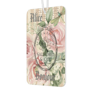 Monogram Frenchy vintage Ephemera Pink roses chic Autolufterfrischer