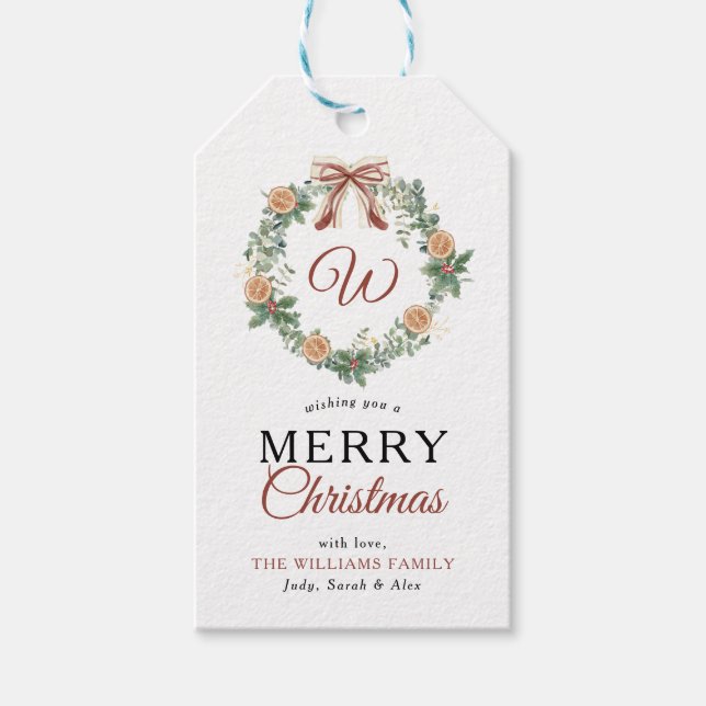 Monogram Frohe Weihnachtsohren Kränze Foto Geschenkanhänger (Vorderseite)