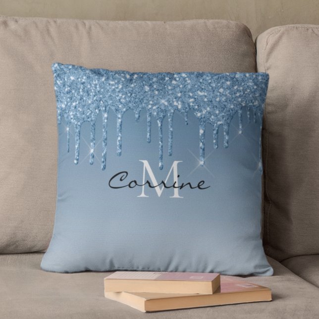 Monogram Frozen Ice Blue Dripping Glitzer Metallic Kissen (Von Creator hochgeladen)