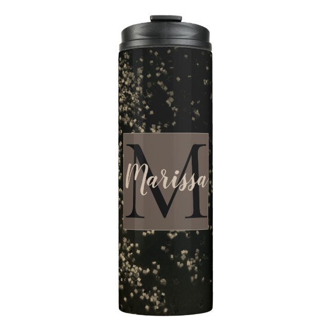Monogram Fun Gold Confetti auf Brown Thermosbecher (Vorderseite)