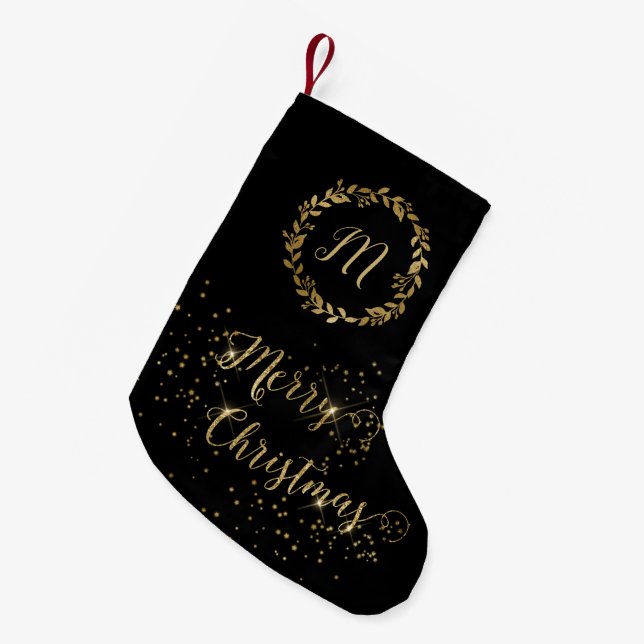 Monogram Funkelnd Black Gold Frohe Weihnachten Kleiner Weihnachtsstrumpf (Vorderansicht (hängend))