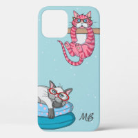Monogram Funny Whimsisical Cats Trendy Modern