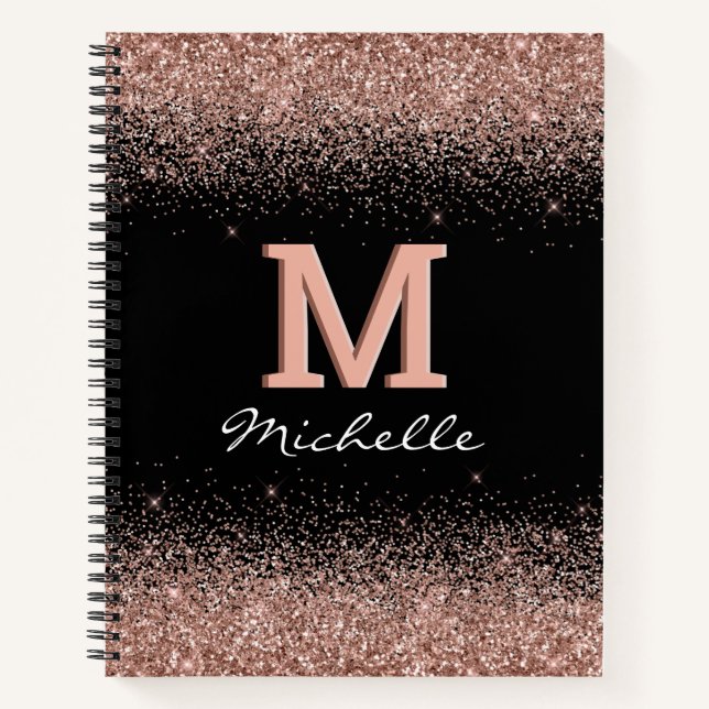 Monogram für benutzerdefinierte Schwarze Rose Gold Notizbuch (Vorderseite)