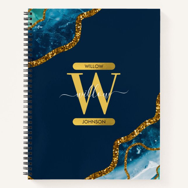 Monogram für Blue & Gold Agate Geode Glitzer Notizbuch (Vorderseite)