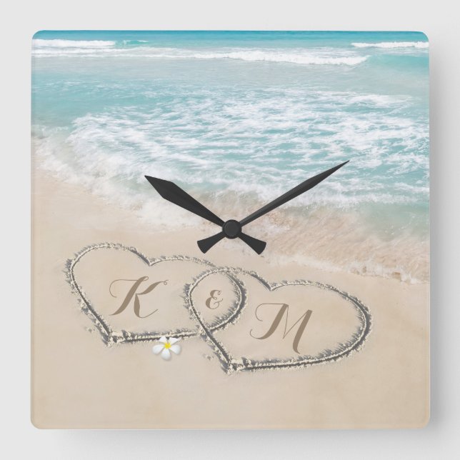 Monogram für das tropische Strandherz Quadratische Wanduhr (Vorderseite)