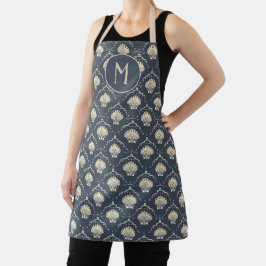 Monogram für Deep Blue und Cream Seashell Muster Schürze