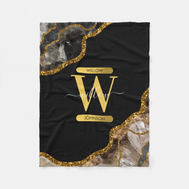 Monogram für den Black & Gold Agate Geode Glitzer Fleecedecke (Vorderseite)