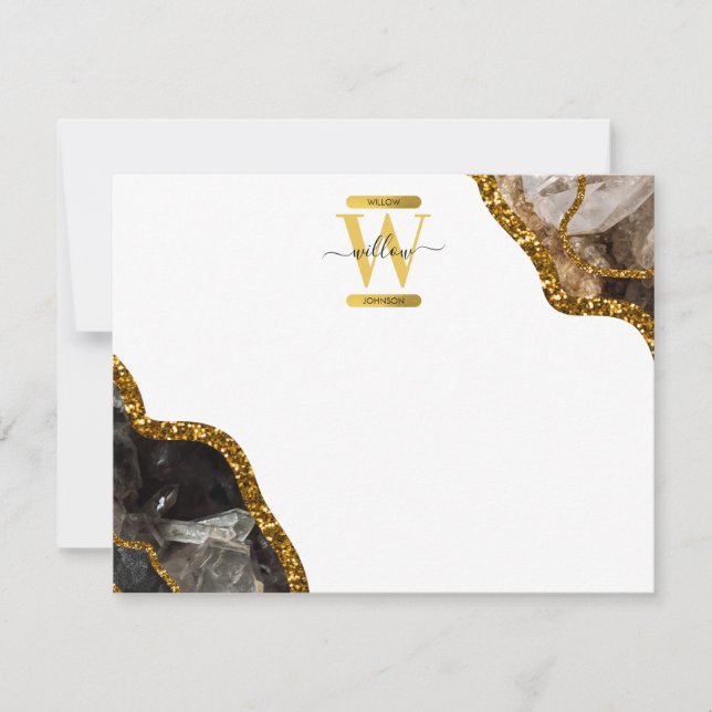 Monogram für den Black & Gold Agate Geode Glitzer Mitteilungskarte (Vorderseite)