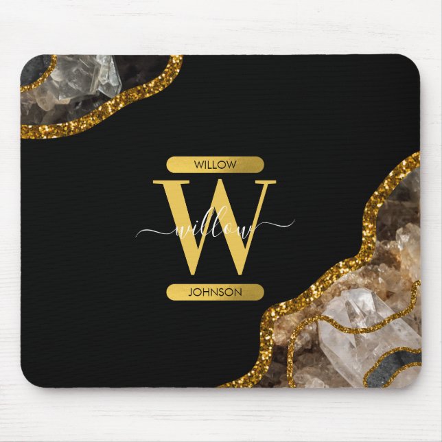 Monogram für den Black & Gold Agate Geode Glitzer Mousepad (Vorne)