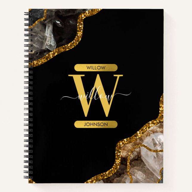 Monogram für den Black & Gold Agate Geode Glitzer Notizbuch (Vorderseite)