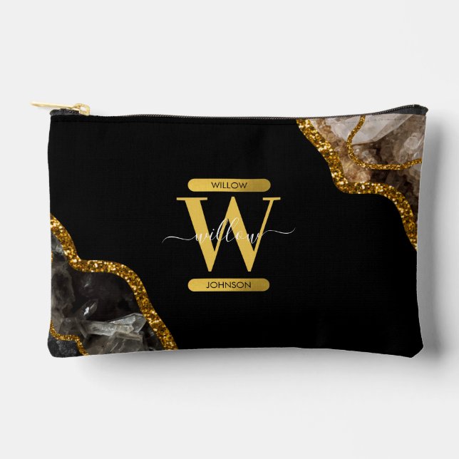 Monogram für den Black & Gold Agate Geode Glitzer Zubehörtasche (Vorderseite)