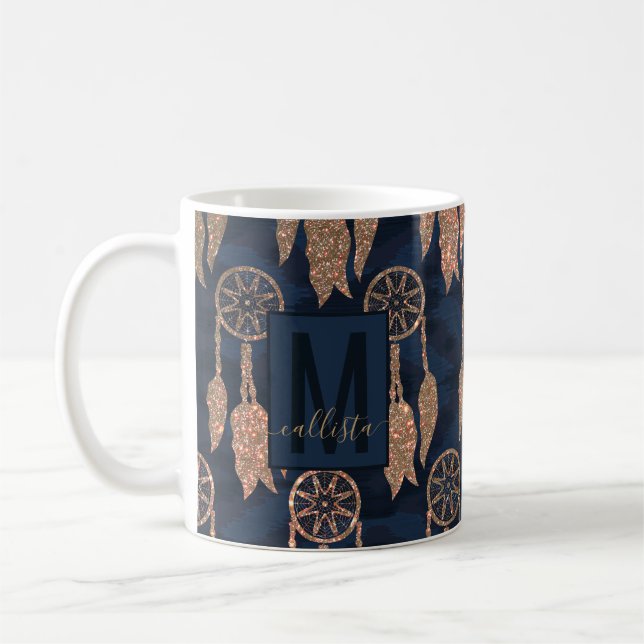 Monogram für den Gold Navy Blue Glitzer Ikat Dream Kaffeetasse (Links)