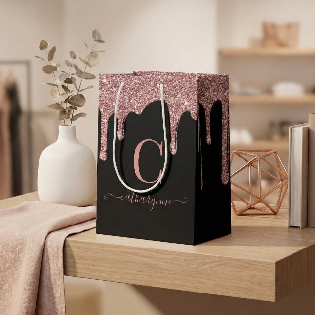 Monogram für den Schwarzen Rose-Gold-Sparkle-Drill Mittlere Geschenktüte (Von Creator hochgeladen)