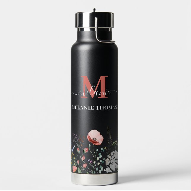 Monogram für den Schwarzen Wildblume-Individuelle  Trinkflasche (Links)