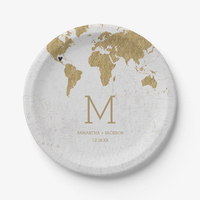 Monogram für die Gold Foil World Map Hochzeit in U Pappteller (Vorderseite)
