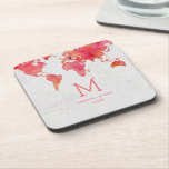 Monogram für die Weltkarte für Wasserfarbe Getränkeuntersetzer<br><div class="desc">Watercolor World Map Hochzeit in Urlaubsort Untersetzer mit MOVEABLE HERZ LOCATION einfach auf den Link anpassen,  um Ihr Herz zu positionieren ~ Karo mein Shop zu sehen,  die gesamte Hochzeitskollektion mit diesem Design!</div>