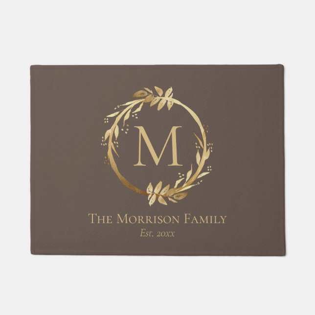 Monogram für elegante Brown & Gold Wreath Familien Fußmatte (Vorderseite)