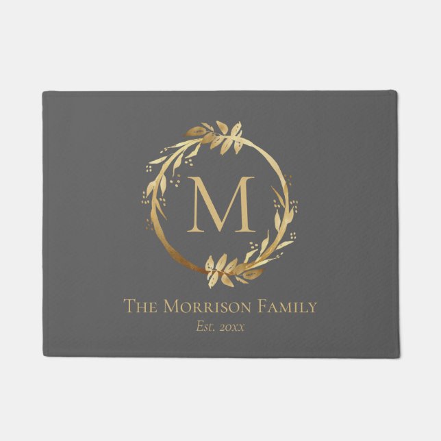 Monogram für elegante Graue & Gold-Kranz-Familie Fußmatte (Vorderseite)