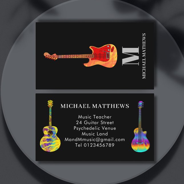 Monogram für Gitarrenmusiklehrer Visitenkarte (Fire guitar on black music teacher professional musician business card)