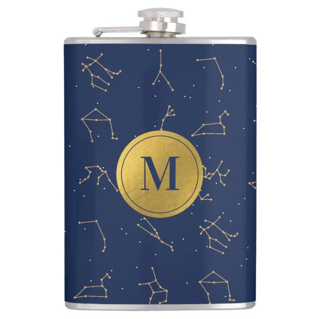 Monogram für Gold & Navy Blue-Zodiac-Konstellation Flachmann (Vorderseite)