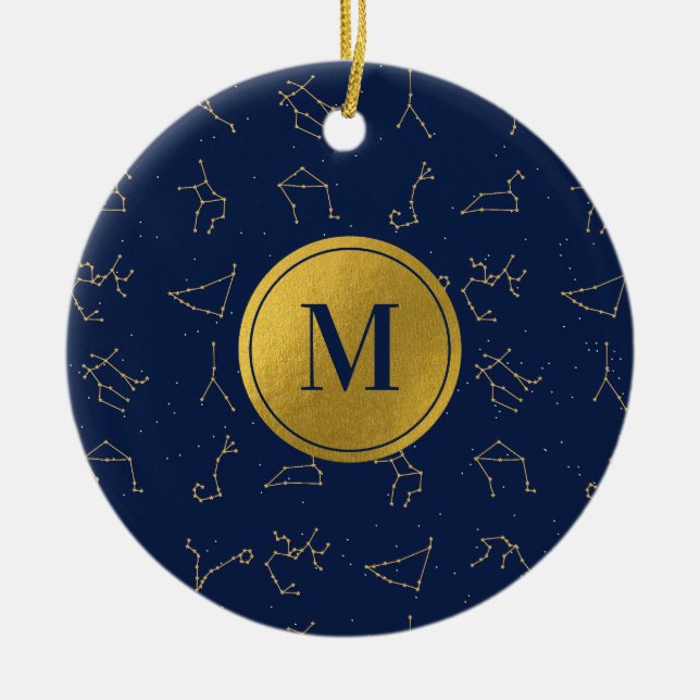 Monogram für Gold & Navy Blue-Zodiac-Konstellation Keramik Ornament (Vorne)