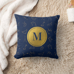 Monogram für Gold & Navy Blue-Zodiac-Konstellation Kissen