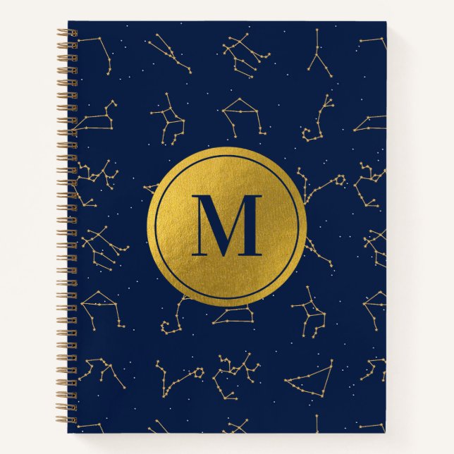 Monogram für Gold & Navy Blue-Zodiac-Konstellation Notizbuch (Vorderseite)
