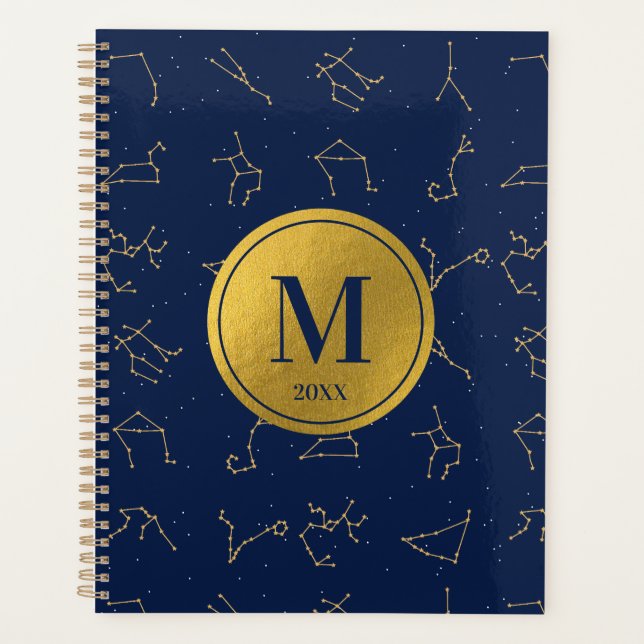 Monogram für Gold & Navy Blue-Zodiac-Konstellation Planer (Vorderseite)