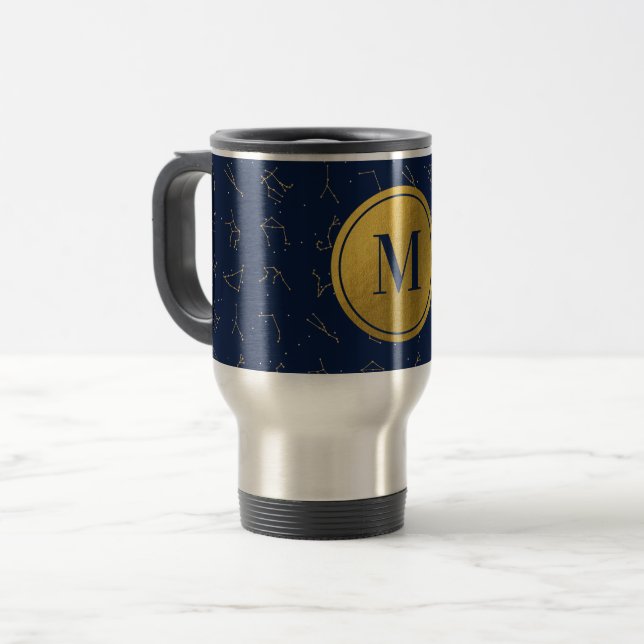Monogram für Gold & Navy Blue-Zodiac-Konstellation Reisebecher (Vorderseite Links)