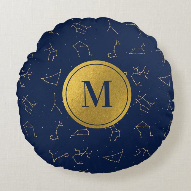 Monogram für Gold & Navy Blue-Zodiac-Konstellation Rundes Kissen (Vorderseite)