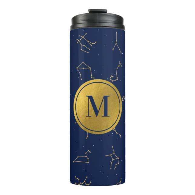 Monogram für Gold & Navy Blue-Zodiac-Konstellation Thermosbecher (Vorderseite)