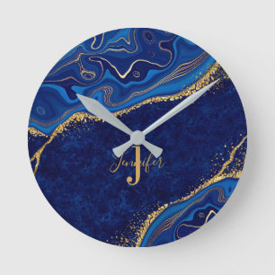 Monogram für Gold und Blue Modern Eleganter Indivi Runde Wanduhr