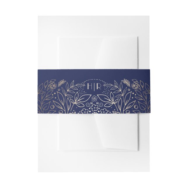 Monogram für Gold und Navy Floral Garden Bouquet Einladungsbanderole (Vorderseite Beispiel)