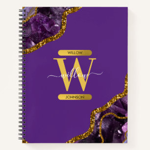 Monogram für lila und Gold Agate Geode Glitzer Notizbuch