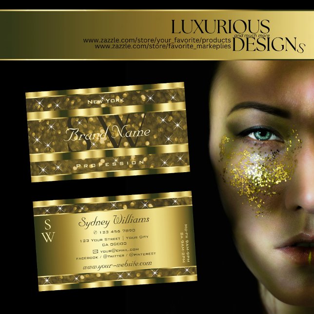 Monogram für Luxuriöse Gold Glitzer Luminous Stars Visitenkarte (Von Creator hochgeladen)
