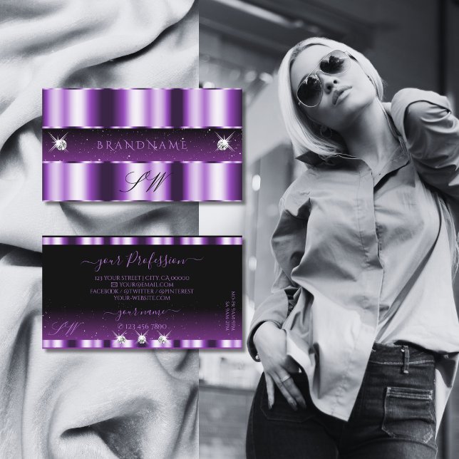 Monogram für luxuriöse Lila Black Sparkling Diamon Visitenkarte (Von Creator hochgeladen)