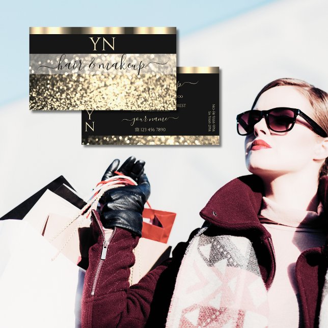 Monogram für Luxus Black and Gold Sparkling Glitze Visitenkarte (Von Creator hochgeladen)