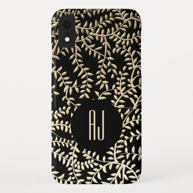 Monogram für Luxus Glam Black und Gold Floral Wirb Case-Mate iPhone Hülle (Rückseite)